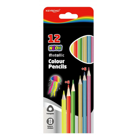 Rechizite Școlare - Creioane colorate Keyroad KR971760, triunghiulare, 12 culori, 6 neon, 6 metalice, blister carton
