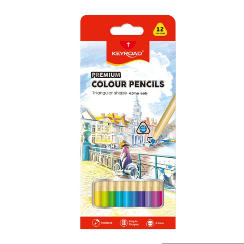Creioane Colorate si Cerate pentru Copii - Creioane colorate Keyroad KR973348, triunghiulare, 12 culori, mina 4mm, blister carton