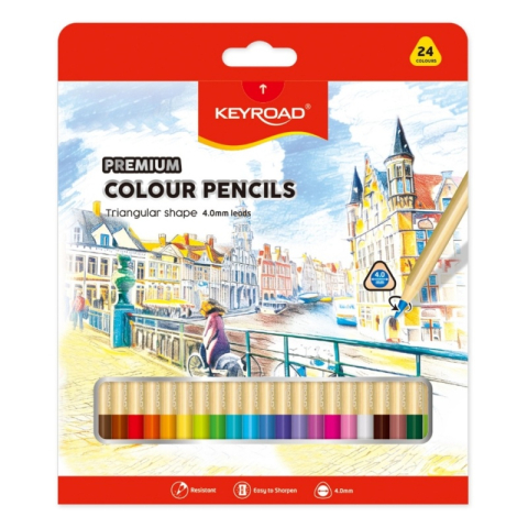 Creioane Colorate si Cerate pentru Copii - Creioane colorate Keyroad KR973349, triunghiulare, 24 culori, mina 4mm, blister carton