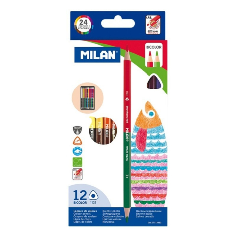 Creioane Colorate si Cerate pentru Copii - Creioane colorate Milan 07112312, bicolor, triunghiulare, 12+12 culori, blister carton