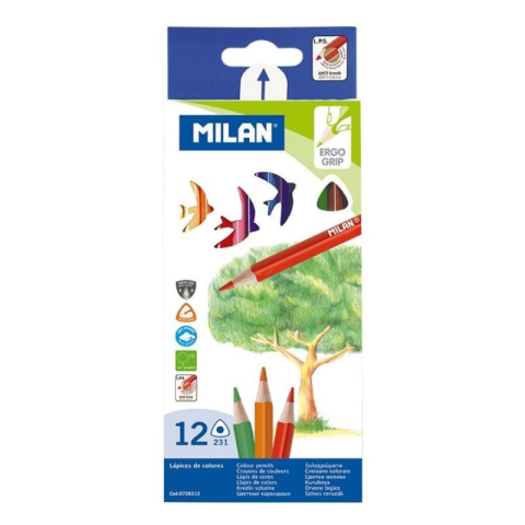 Creioane Colorate si Cerate pentru Copii - Creioane colorate Milan 0728312, triunghiulare, 12 culori, blister carton