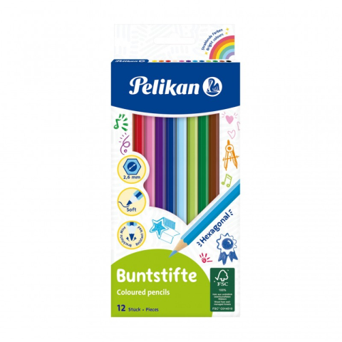 Creioane Colorate si Cerate pentru Copii - Creioane colorate Pelikan 724005, hexagonale, 12 culori, lacuite, blister carton