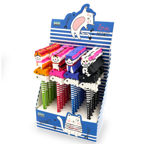 Rechizite Școlare - Creion grafic Pisica cu 3 radiere, 4 modele (24 buc/display), copii varsta 4 ani+,6 ani+,8 ani+