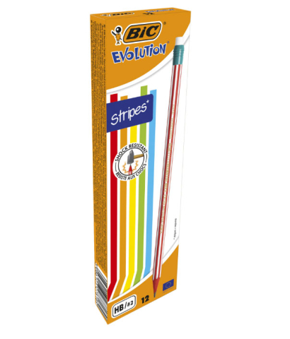 Rechizite Școlare - Creion grafit hb cu guma evolution stripes 646 12/cut bic