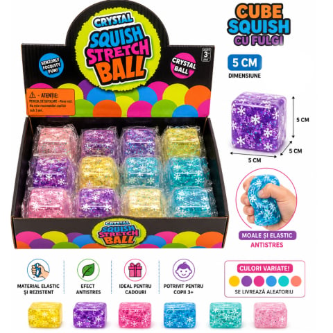 Jucarii antistres - Cub Antistres Transparent cu Fulgi, Cube Squeeze Nee Doh, 5 cm, Jucarie Squishy Elastica