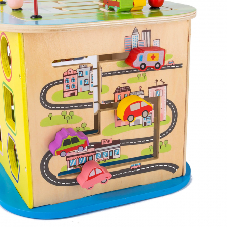 Cub educativ din lemn cu labirint cu masinute si roti zimtate. [4]