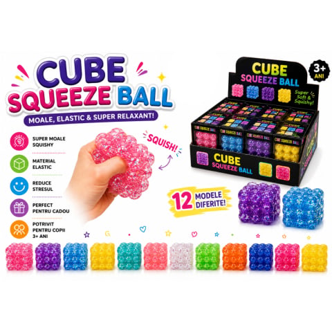 Jucarii antistres - Cube Squeeze Ball cu Sclipici, Jucarie Antistres Squishy Bubble Cube, Nee Doh, Super Soft si Elastic