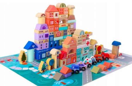 Set cuburi constructie din lemn pentru copii, 115 piese lemn. [1]