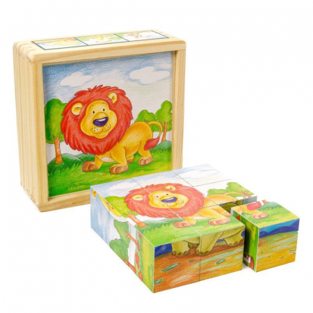 Jucării și Jocuri pentru copii - Cuburi din lemn animale salbatice, Puzzle 9 piese