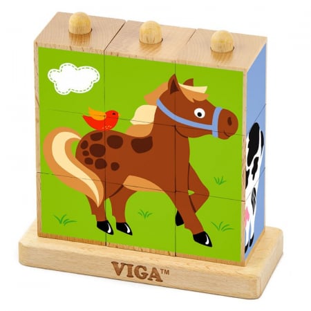Jucării și Jocuri pentru copii - Cuburi montessori Animale de ferma, Puzzle 9 piese