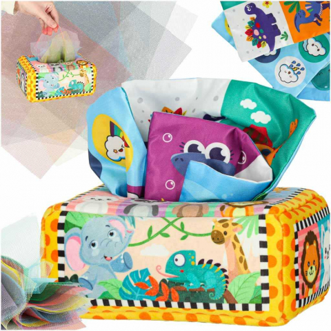 Jucării și Jocuri pentru copii - Cutie cu Servetele Bebelusi, Jucarie Senzoriala Montessori, 6 luni+