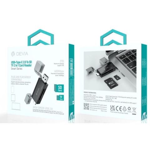 Devia Cititor Card 2in1 Leopard Series USB si Type-C, 2.0, SD/TF, Negru [5]