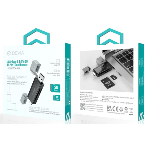 Devia Cititor Card 2in1 Leopard Series USB si Type-C, High-Speed 3.0, SD/TF, Negru [6]