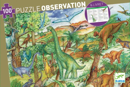 Puzzle 100 - 299 piese - Dinozauri, Puzzle de observatie, 100 piese, poster si brosura incluse, Djeco, varsta 6 - 9, 9+ ani, Baiat