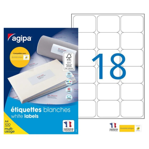 Etichete autocolante Agipa 100981, 18/A4, 63,5x46,6mm, alb, 100 coli/top (1800 etichete) [1]