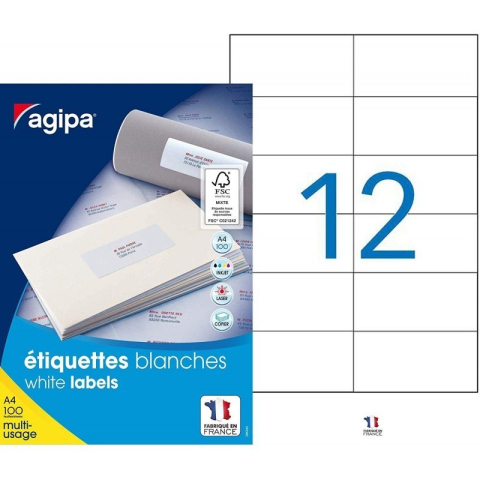 Art & Craft si Artizanat - Etichete autocolante Agipa 101032, 12/A4, 105x49.39mm, permanente, colturi drepte, alb, top 100 coli (1200 etichete)