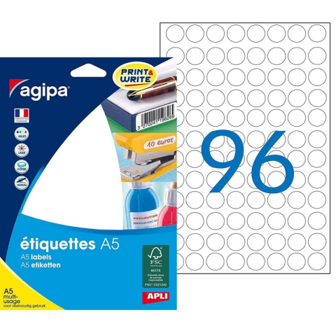 Art & Craft si Artizanat - Etichete autocolante Agipa 114002, 96/A5, 15mm, permanente, rotund, alb, top 16 coli (1536 etichete)
