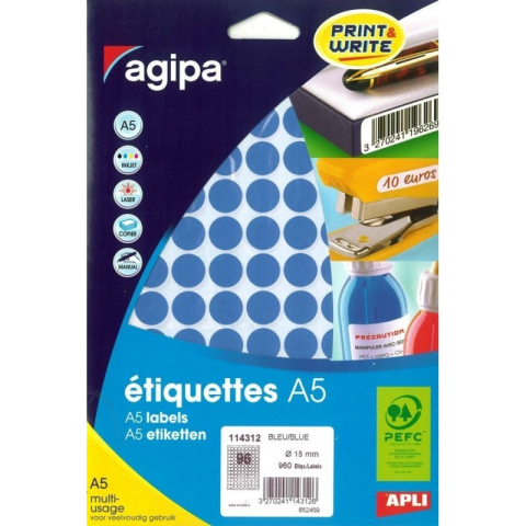 Art & Craft si Artizanat - Etichete autocolante Agipa 114312, 96/A5, 15mm, permanente, rotund, albastru, top 10 coli (960 etichete)