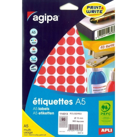 Art & Craft si Artizanat - Etichete autocolante Agipa 114313, 96/A5, 15mm, permanente, rotund, rosu, top 10 coli (960 etichete)
