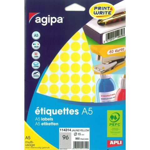 Art & Craft si Artizanat - Etichete autocolante Agipa 114314, 96/A5, 15mm, permanente, rotund, galben, top 10 coli (960 etichete)