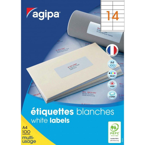 Art & Craft si Artizanat - Etichete autocolante Agipa 119008, 14/A4, 105x42mm, permanente, colturi drepte, alb, top 100 coli (1400 etichete)