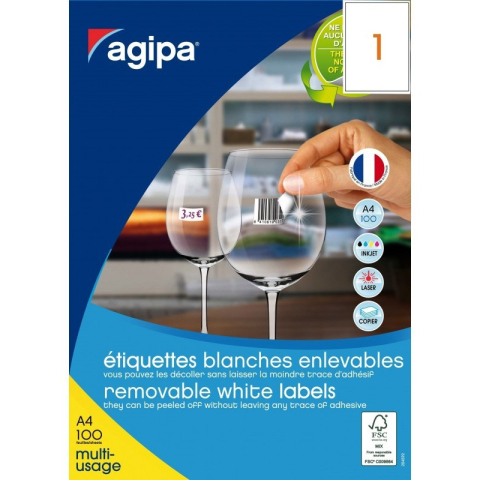 Art & Craft si Artizanat - Etichete autocolante Agipa 128993, 1/A4, 210x297mm, nepermanente, colturi drepte, alb, top 100 coli (100 etichete)