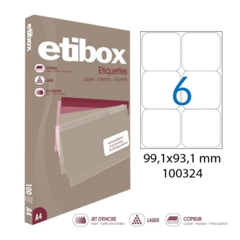 Etichete autocolante Etibox 100324, 6/A4, 99.1x93.1mm, permanente, colturi drepte, alb, top 100 coli (600 etichete) [1]