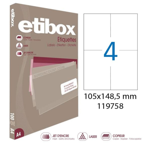 Art & Craft si Artizanat - Etichete autocolante Etibox 119758, 4/A4, 105x148.5mm, permanente, colturi drepte, alb, top 100 coli (400 etichete)