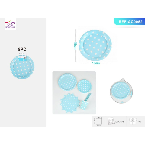 Decoratiuni petreceri - Farfurii aniversare PartyGo, 18cm, carton, buline albe, bleu, AC0052, set 8 buc
