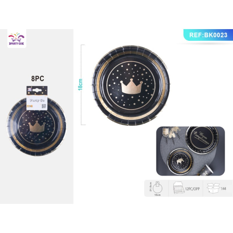 Decoratiuni petreceri - Farfurii aniversare PartyGo, 18cm, carton, coroana aurie, negru, BK0023, set 8 buc