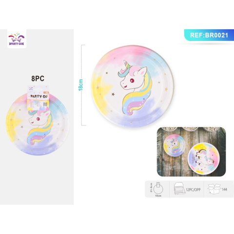 Decoratiuni petreceri - Farfurii aniversare PartyGo, 18cm, carton, imprimeu unicorn, BR0021, set 8 buc