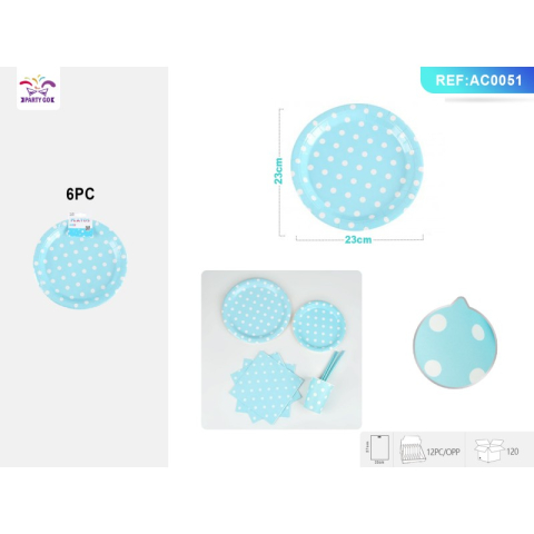 Decoratiuni petreceri - Farfurii aniversare PartyGo, 23cm, carton, buline albe, bleu, AC0051, set 6 buc
