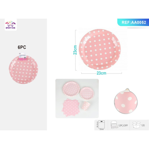 Decoratiuni petreceri - Farfurii aniversare PartyGo, 23cm, carton, buline albe, roz, AA0052, set 6 buc