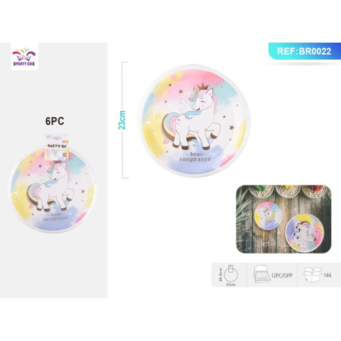Decoratiuni petreceri - Farfurii aniversare PartyGo, 23cm, carton, imprimeu unicorn, BR0022, set 6 buc