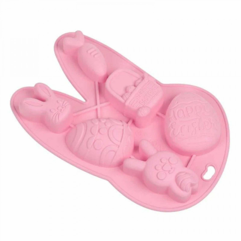 Forme Silicon pentru brioșe, jeleuri și alte prăjituri - Forma de Copt din Silicon, Iepurasi Oua, Roz, 6 Compartimente, 13 x 21cm