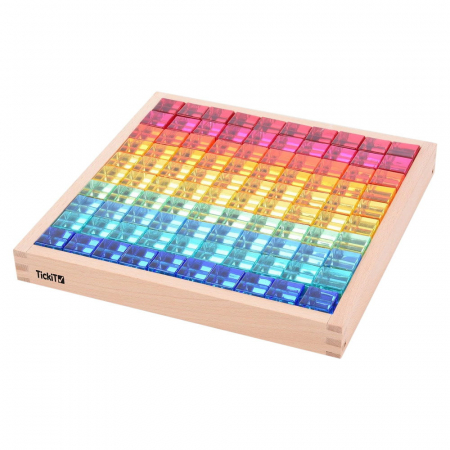 Jucării STEM, Știință şi Experimente - Gem Cube, set 100 cuburi acrilice cu tava din lemn, TickiT, 3-10 ani