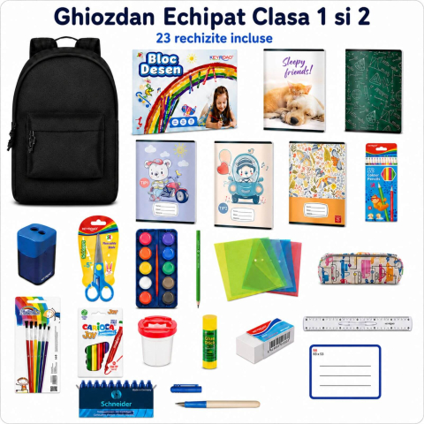 Rechizite Școlare - Ghiozdan Echipat Clasa 1, Clasa 2 cu Lista 23 rechizite scolare
