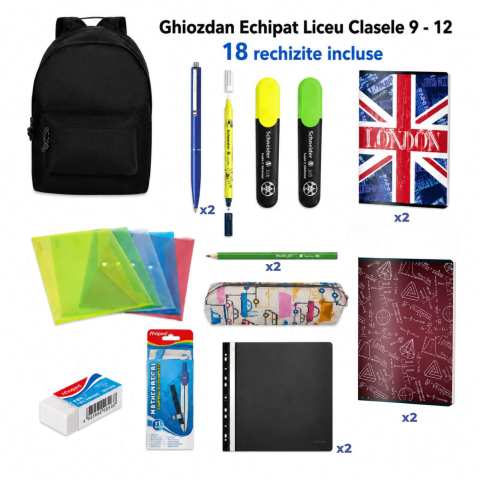 Rechizite Școlare - Ghiozdan Echipat Liceu Clasele 9-12, 18 Rechizite Scolare