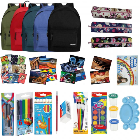 Rechizite Școlare - Ghiozdan echipat clasa 5, 6, 7, 8 gimnaziu cu 17 rechizite scolare premium, pentru fete si baieti