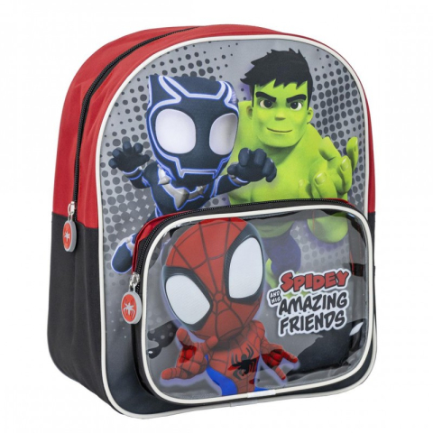 Rechizite Școlare - Ghiozdan gradinita Cerda Spidey si prietenii, 30cm, 1 compartiment, 1 buzunar, rosu cu negru