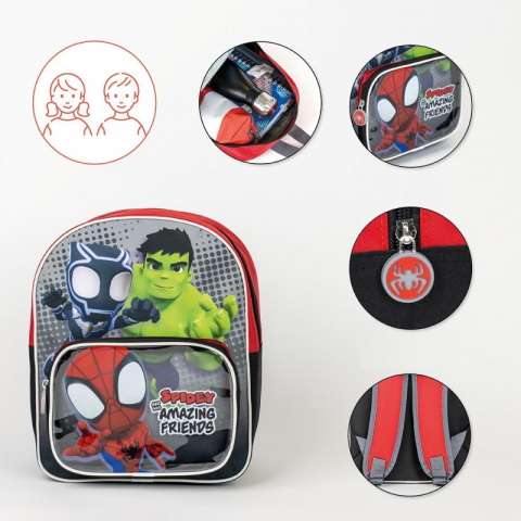 Ghiozdan gradinita Cerda Spidey si prietenii, 30cm, 1 compartiment, 1 buzunar, rosu cu negru [4]