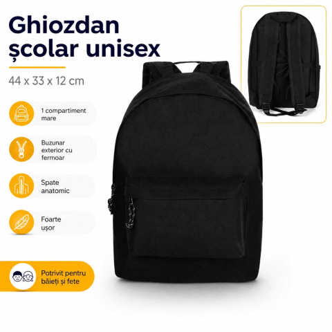 Ghiozdane Scoala, Rucsacuri si Genti pentru Copii - Ghiozdan Negru pentru Scoala, Usor cu 1 Compartiment