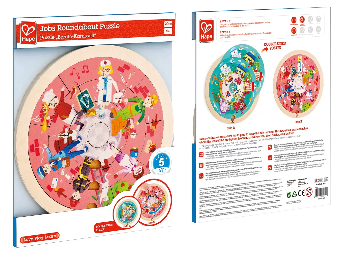 Puzzle sub 100 piese - Puzzle rotund cu 2 fete, Invata meseriile, 20 piese din lemn, varsta de la 4 ani la 10 ani