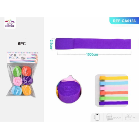 Accesorii pentru petrecere - Hartie creponata petrecere PartyGo, 2.5cm x 10m, hartie, diverse culori, CA0136, set 6 buc