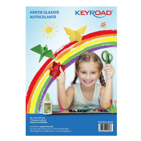 Art & Craft si Artizanat - Hartie glasata Keyroad, 210x290 mm, 170g/mp, autocolant, set 8 culori