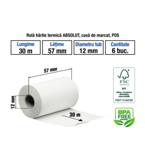 Birotică și Papetărie - Hartie termica pentru casa de marcat si POS, 57mm x 30m, alb, 1 exemplar, set 10 role