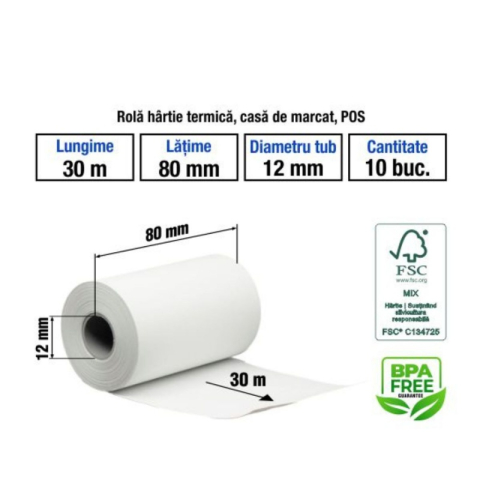 Birotică și Papetărie - Hartie termica pentru casa de marcat si POS, 80mm x 30m, alb, 1 exemplar, set 10 role