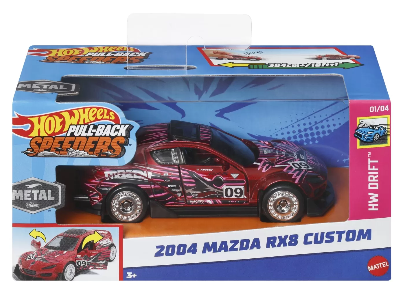 Mașinuțe copii, Camioane de Jucărie - Hot wheels masinuta metalica cu sistem pull back mazda 2004 rx8 custom scara 1:43, varsta de la 3 ani la 7 ani