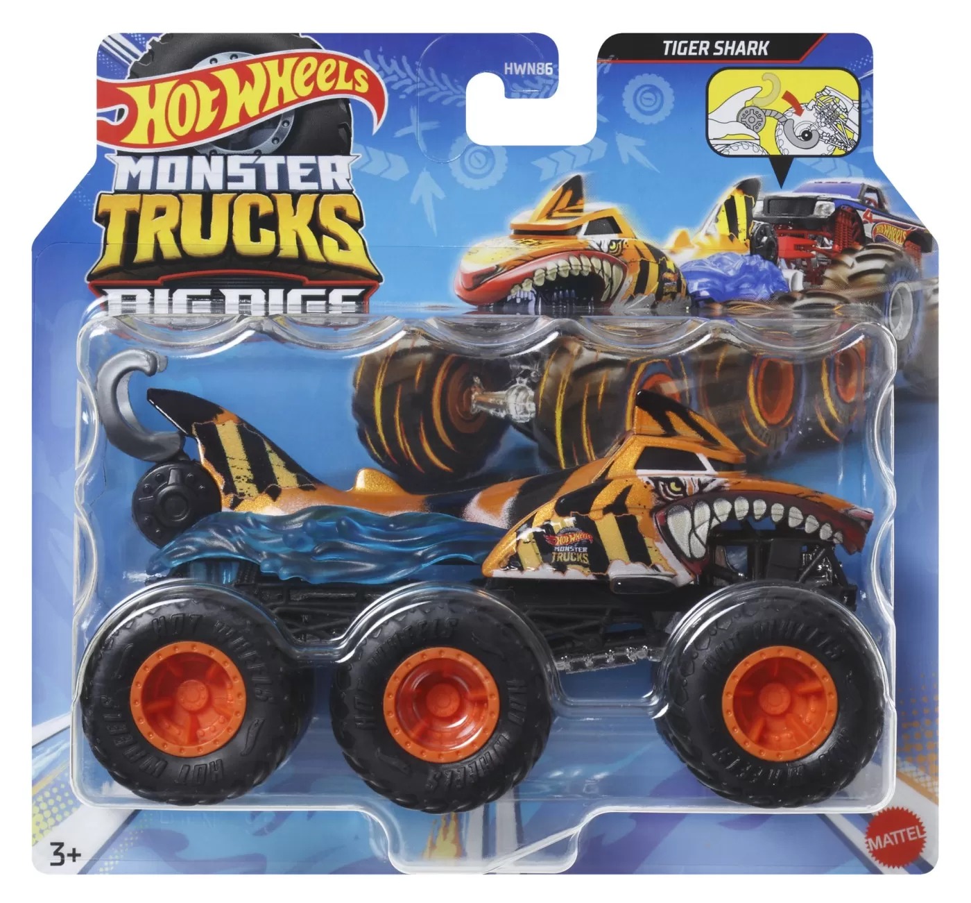 Mașinuțe copii, Camioane de Jucărie - Hot wheels monster truck big rigs masinuta metalica cu 6 roti tiger shark scara 1:64, varsta de la 3 ani la 7 ani