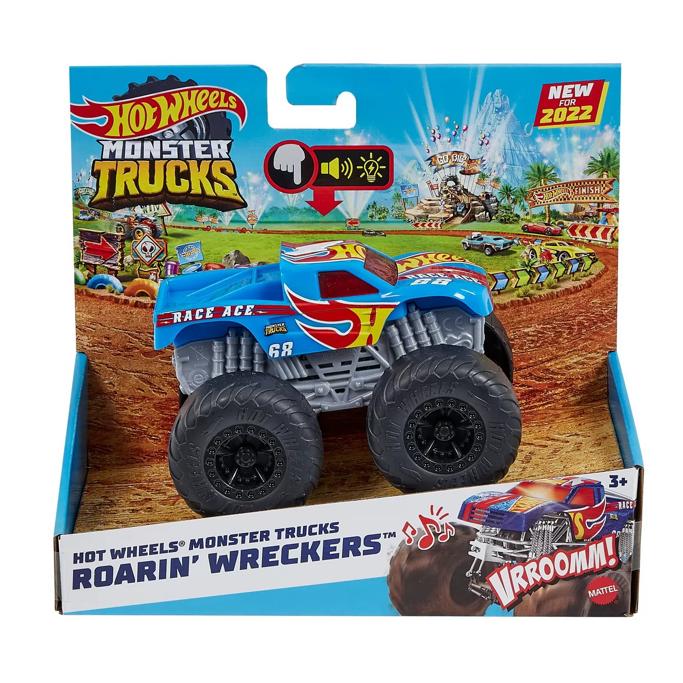 Mașinuțe copii, Camioane de Jucărie - Hot wheels monster truck roarin wreckers race ace cu functii si sunete scara 1:43, varsta de la 3 ani la 10 ani